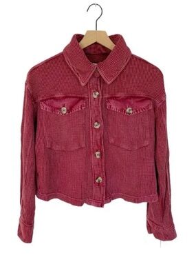 Bagatelle Acid Wash Waffle Knit Shacket Cardigan Medium Cropped